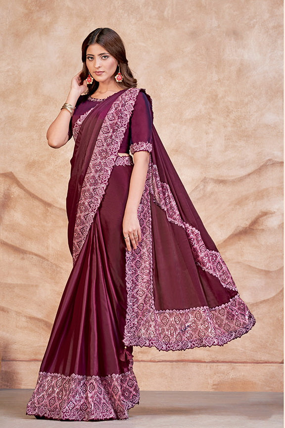 Wine Satin Crepe Silk Digital Sequence Ready to wear Saree with Stitched Blouse