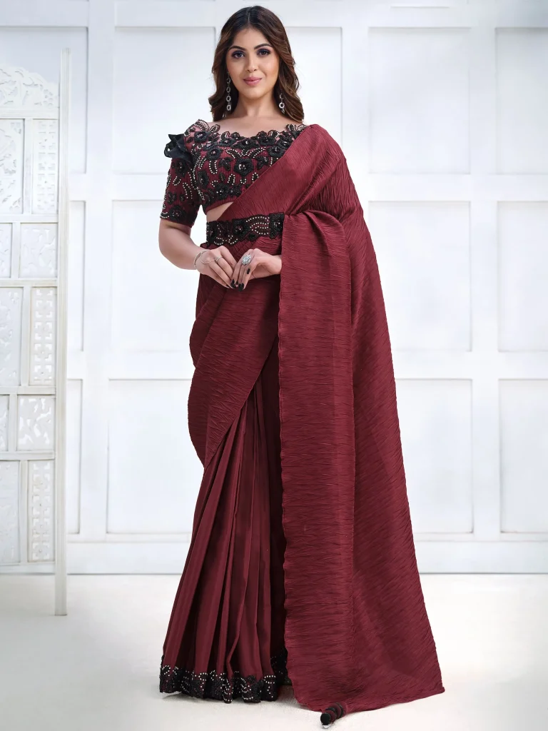 Fascinating Maroon Satin Engagement Saree With Embroidered Blouse