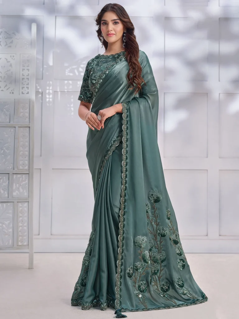 Spectacular Green Patch Work Satin Engagement Wear Saree With Blouse