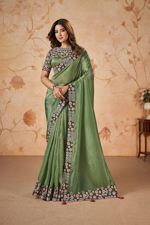 Green Banarasi Crush Silk Embroidered Saree with Unstitched Blouse