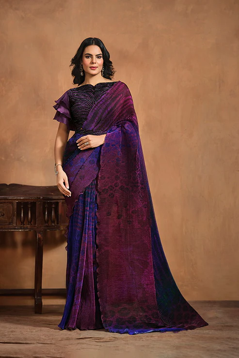 Purple Pure Satin Silk Pure Hand work Ready to wear Saree with Stitched Blouse