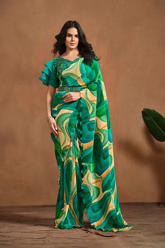 Green Pure Satin Silk Pure Hand work Ready to wear Saree with Stitched Blouse