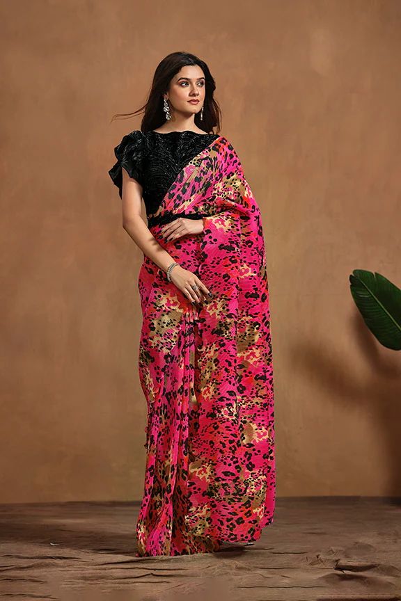 Pink Pure Satin Silk Pure Hand work Ready to wear Saree with Stitched Blouse