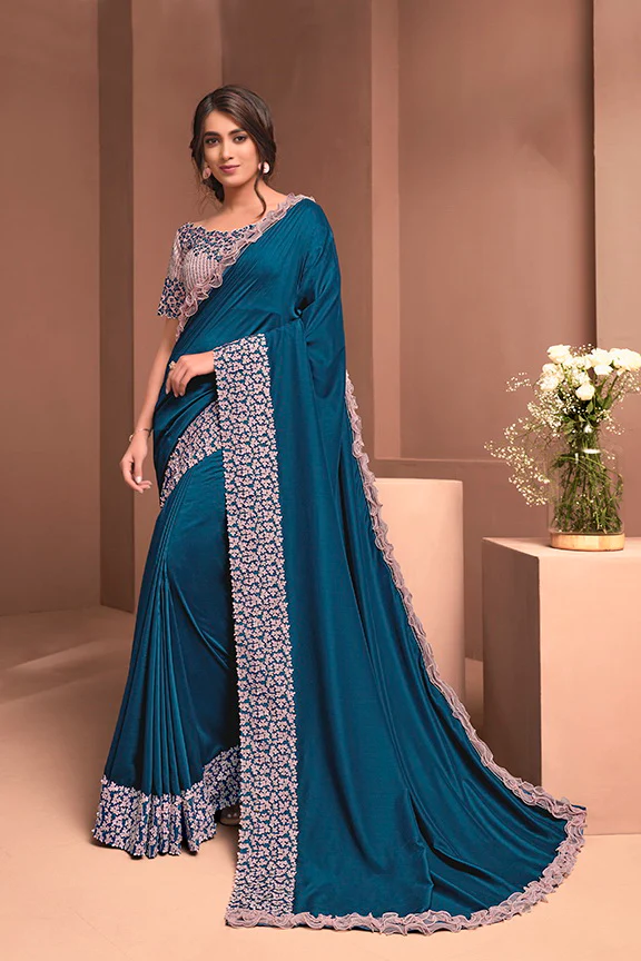 Teal Blue Silk Georgette Embroidered Saree with Unstitched Blouse