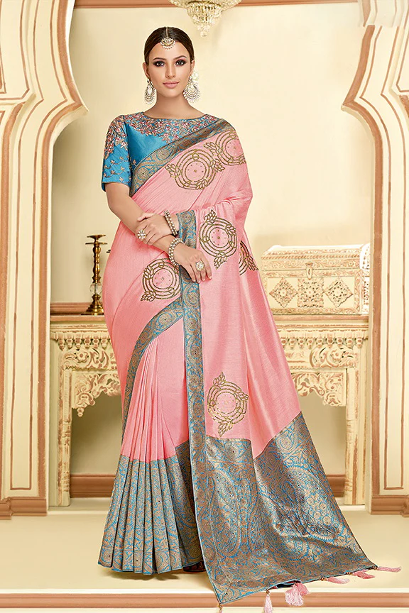 Pink Silk Georgette Embroidered Saree with Unstitched Blouse