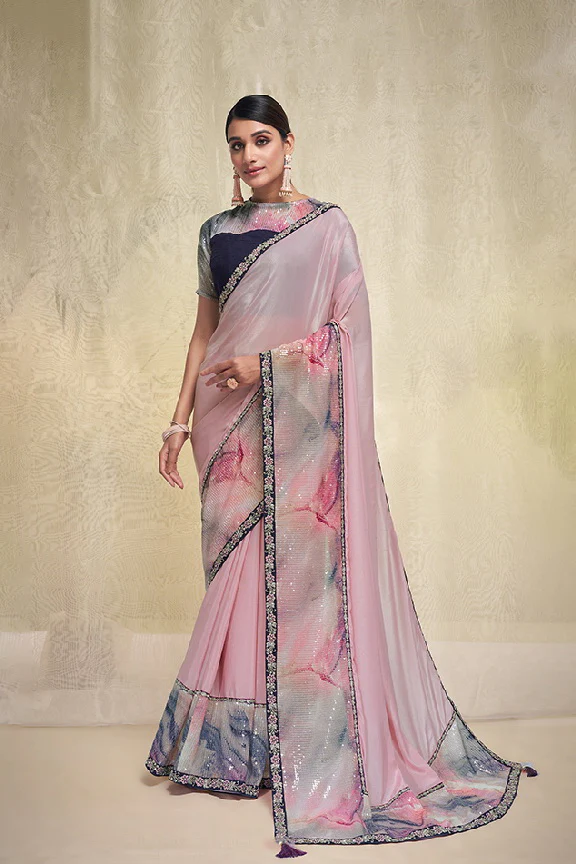 Light Pink Crepe Silk Georgette Embroidered Saree With Unstitched Blouse