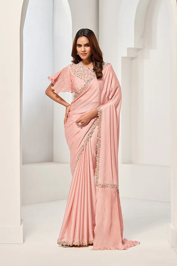 Peach Crepe Satin Silk Sequence & Handwork Saree with Unstitched Blouse