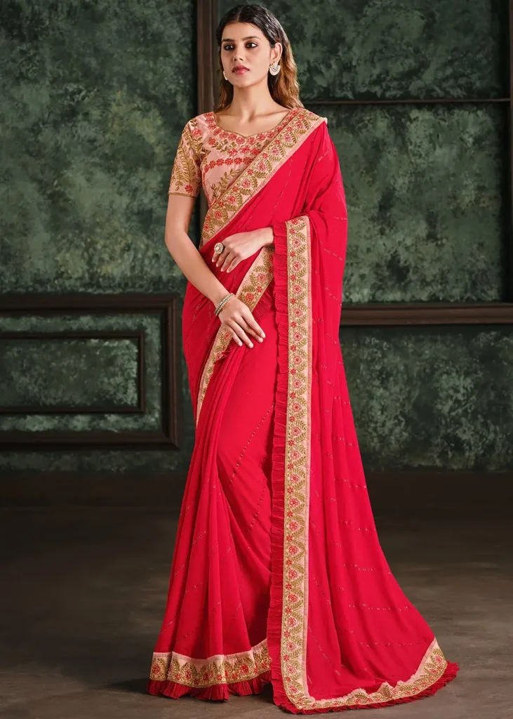 Red Georgette Embroidered Border Saree