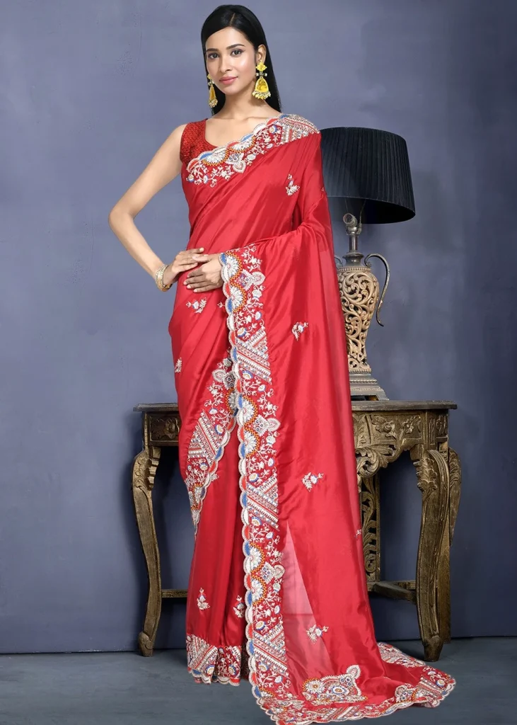 Red Resham Work Saree In Crape