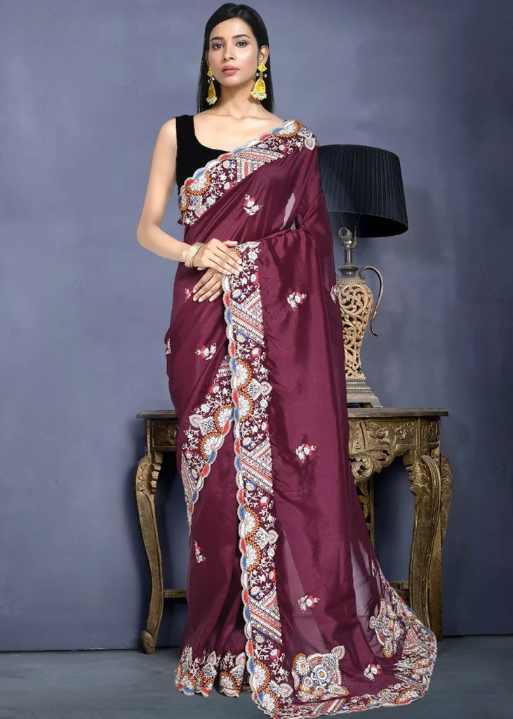 Purple Resham Work Saree In Crape