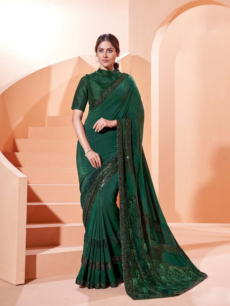 Deep Green Colored Lycra Material Thread, sequins and fur embroidery Saree With Blouse.