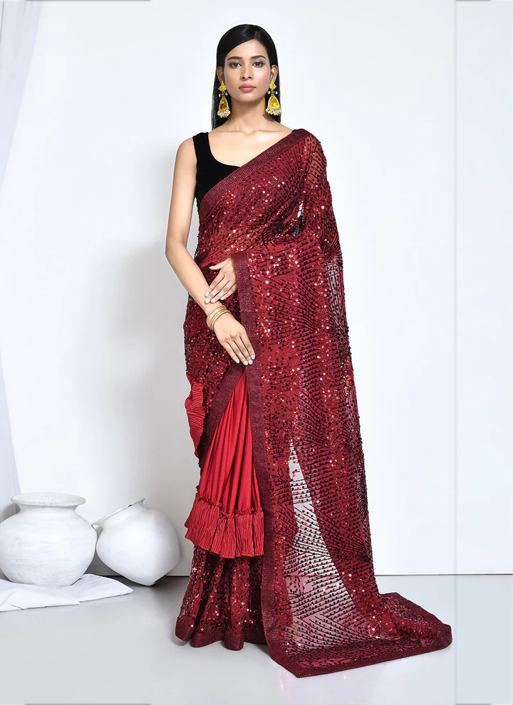 Party Wear Sequins Red Silk Saree