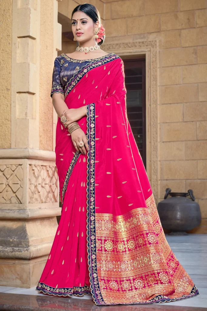 Trendy Viscose Fabric Pink Color Saree With Zari Embroidered Work