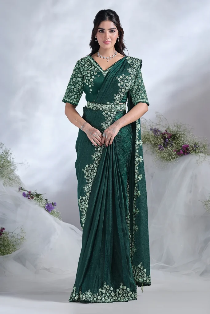 Green Two Tone Satin Silk Designer Ready to wear saree with stithced Blouse.