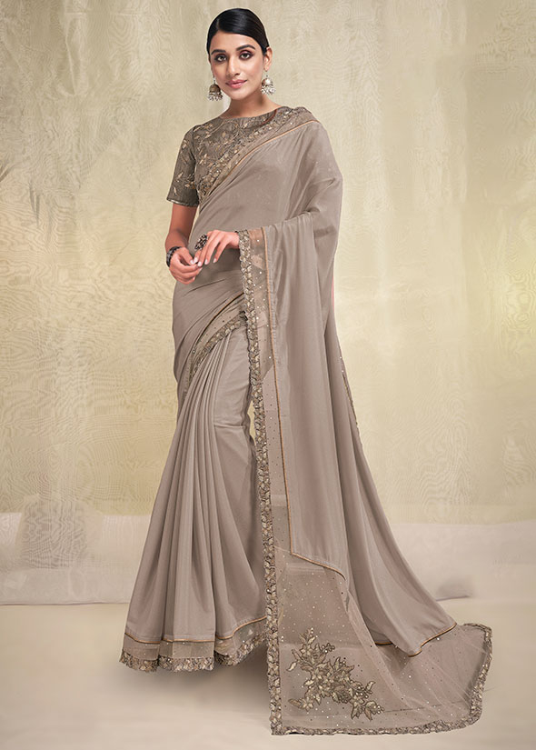 Silk Georgette Beige Wedding Wear Embroidery Work Saree