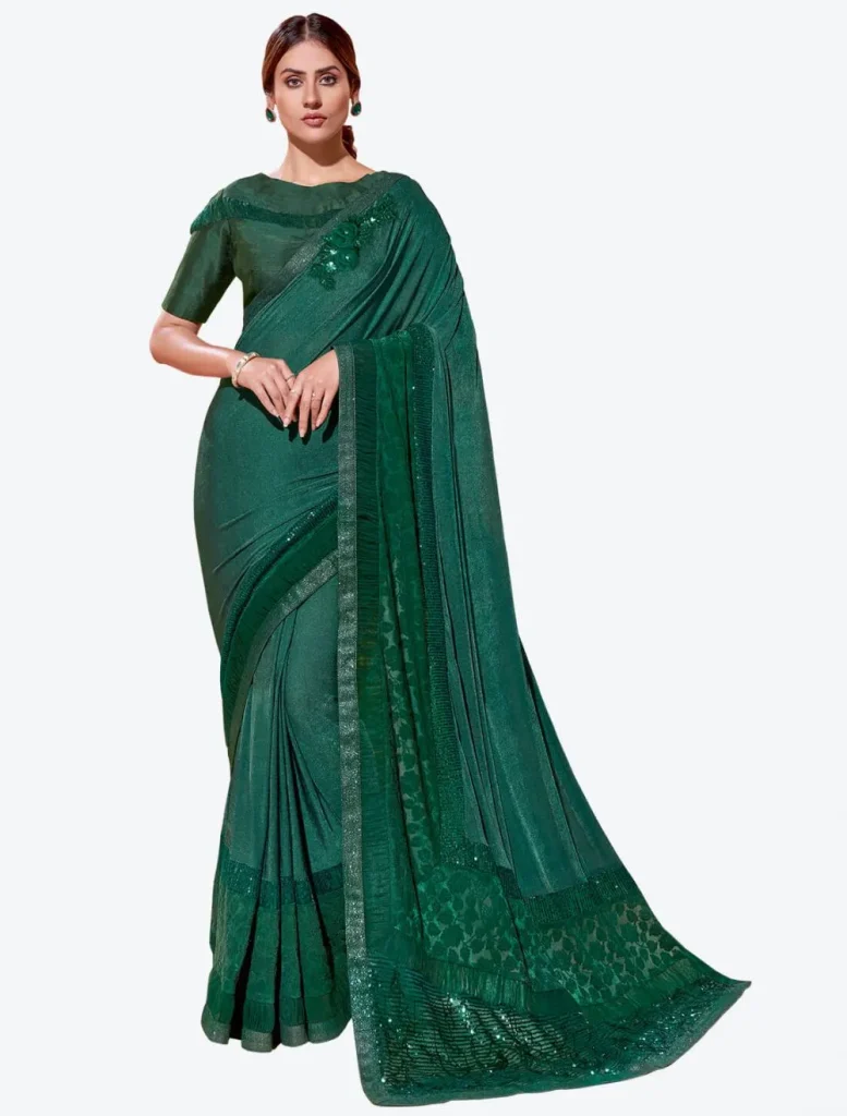 Dark Green Lycra Heavy Embroidery Work Party Wear Designer Saree