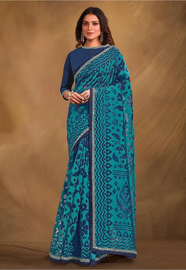 Digital Printed Organza Brasso Saree in Teal Blue