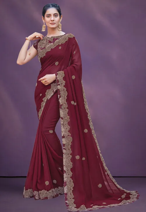 Embroidered Border Georgette Silk Saree Maroon