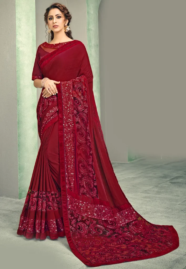 Embroidered Lycra (Elastane) Saree in Maroon