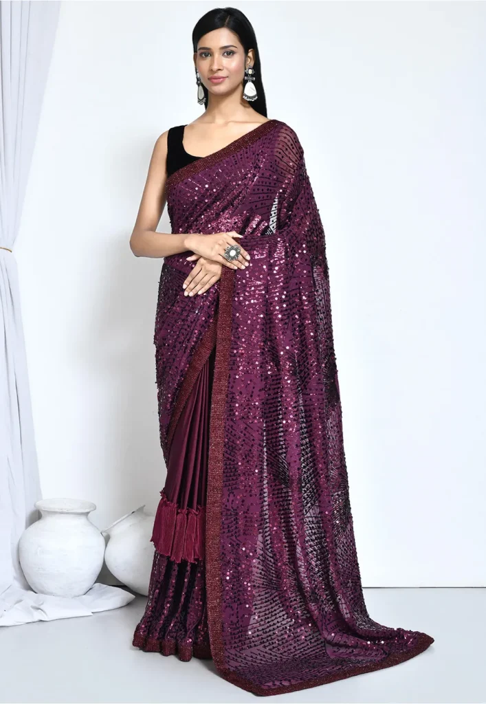 Embroidered Satin Silk Saree in Purple