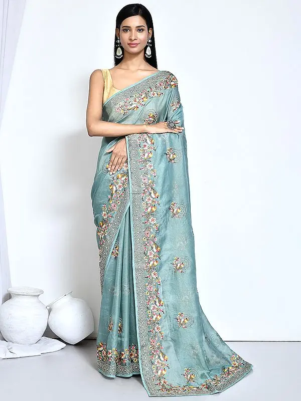 Net Organza Silk Saree With Unstitched Blouse Thread Emboidered With Stone Work