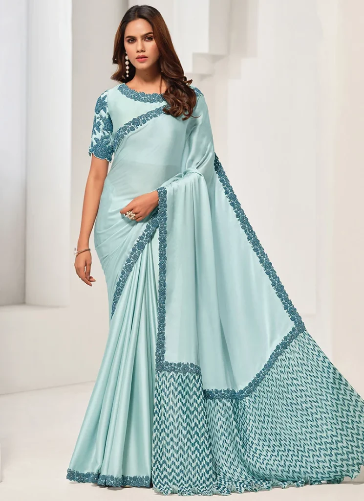 Glamorous Light Blue Crepe Satin Silk Zardosi Sequins Saree Wedding Wear