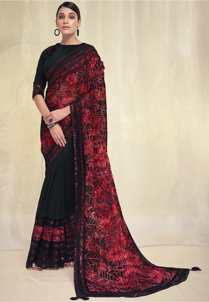 Black Color Applique Work TSilkraditional Saree