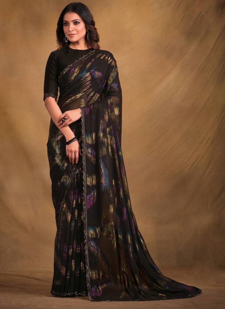 Black zari jacquard print designer saree with unstitched blouse