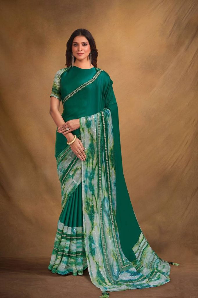 Rama colour heavy work satin crepe fabric graceful wedding wear saree