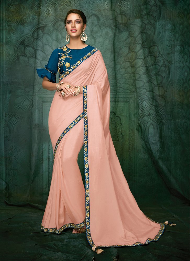 Pastel Pink Sattin Silk Embroidery Work Wedding Wear Saree