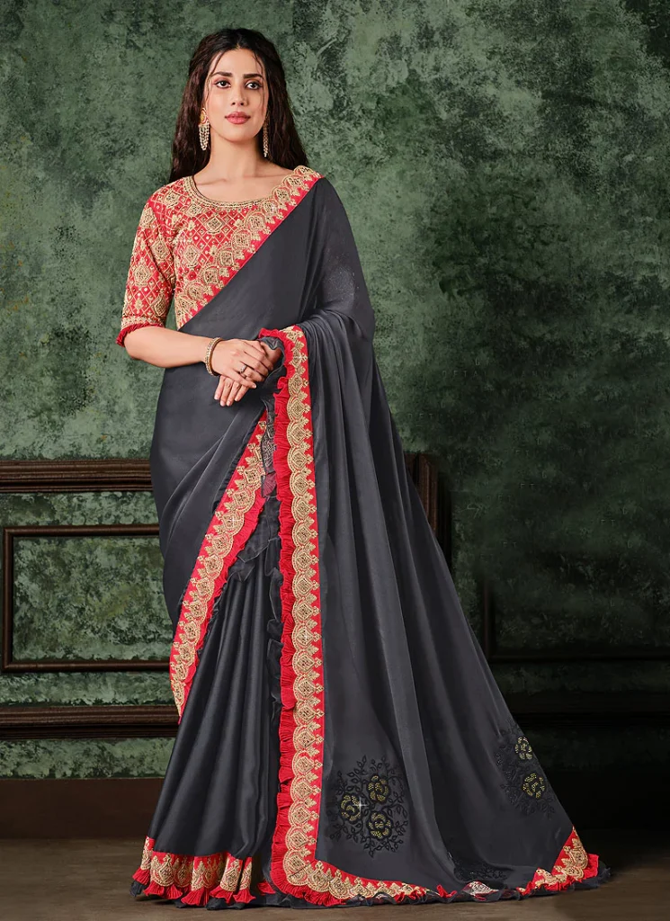 Grey Embroidered Border Georgette Saree