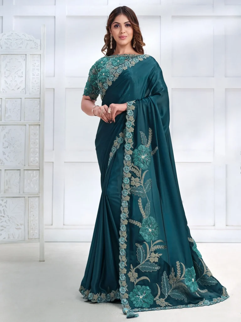 Mesmerizing Teal Blue Patch Work Satin Wedding Wear Saree With Blouse