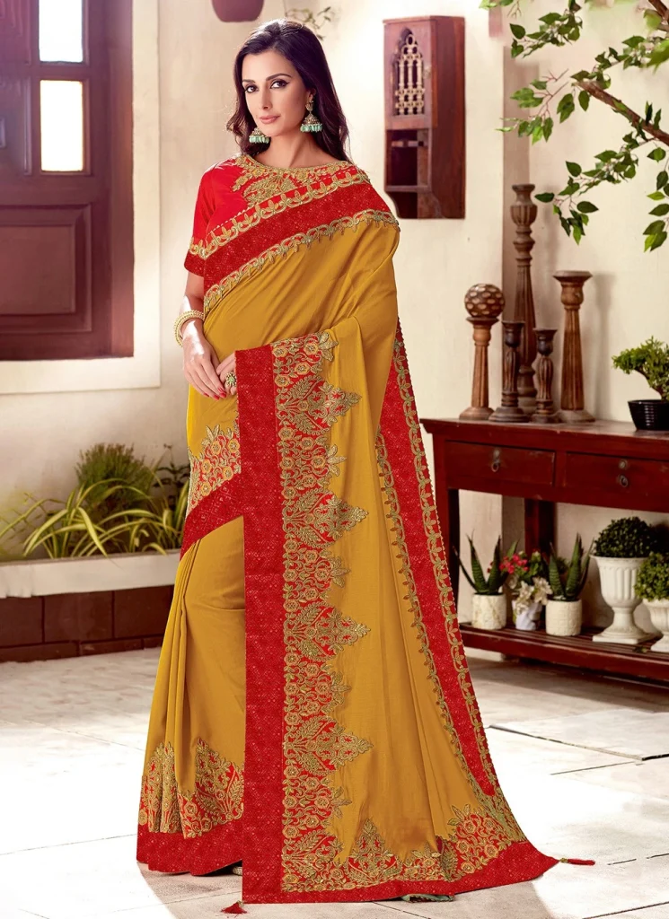 Mustard Silk Embroidered Classic Saree