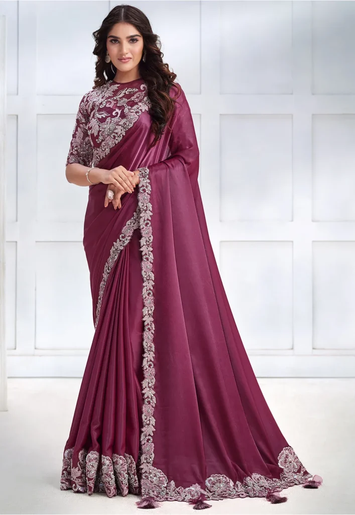 Glorious Magenta Patch Work Satin Reception Wear Saree With Blouse