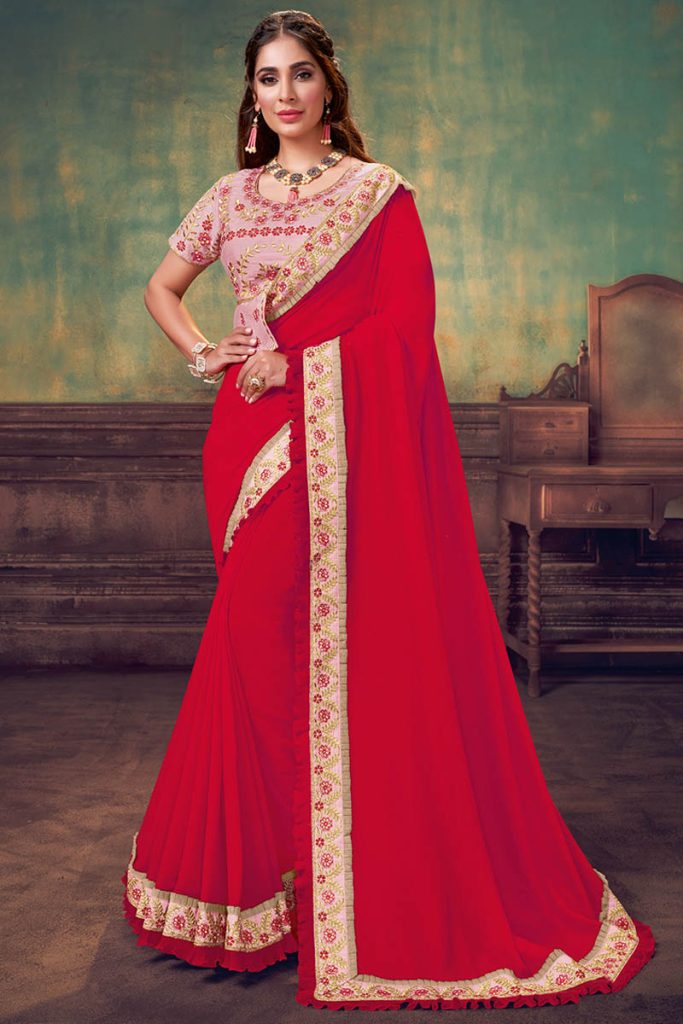 Red Silk Party Wear Saree With Art Silk Blouse