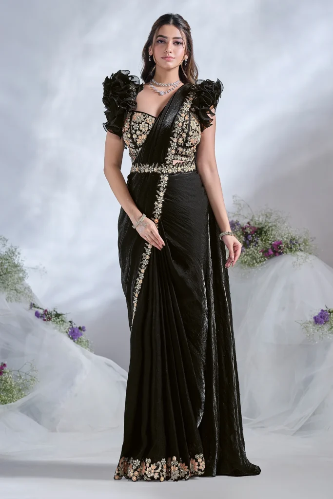 Black Crepe Satin Silk Designer Ready to wear saree with stithced Blouse.