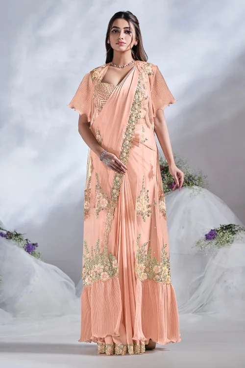 Peach Crepe Satin Silk Readymade Saree with Sequin Beaded Jacket