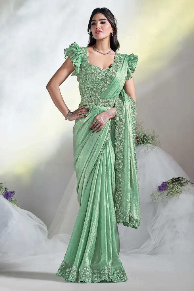 Sea Green Two Tone Satin Silk Designer Ready to wear saree with stithced Blouse.