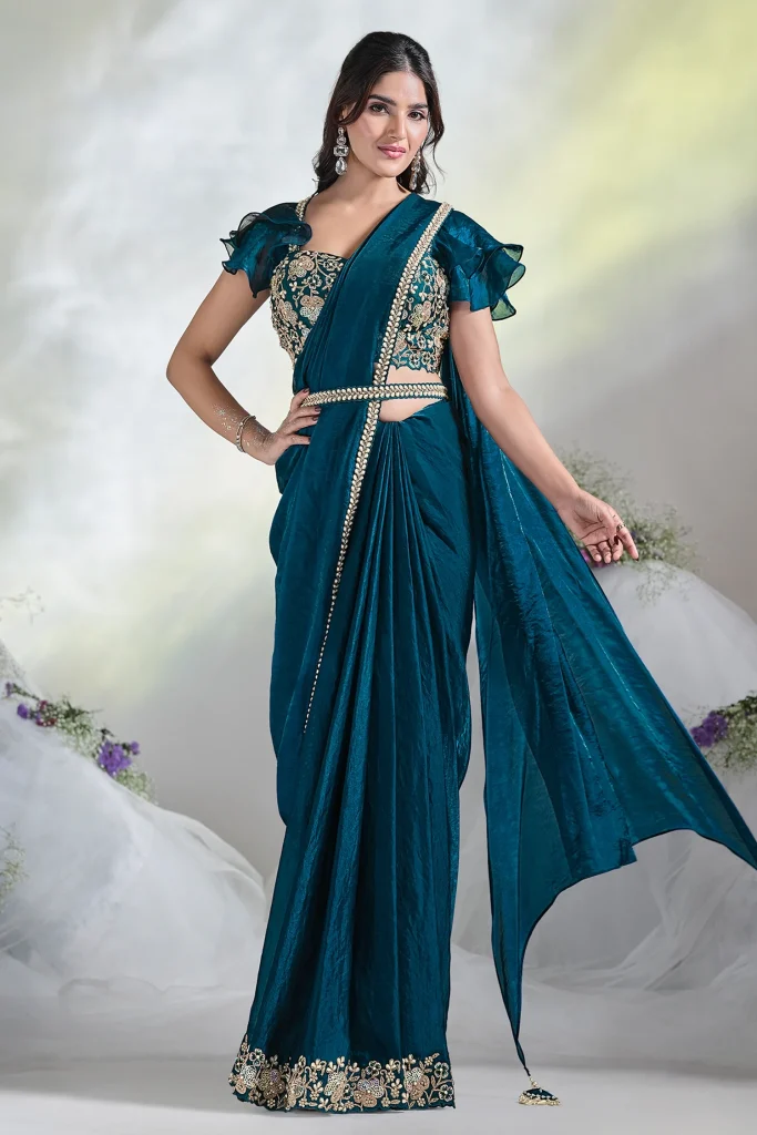 Teal Blue Two Tone Satin Silk Designer Ready to wear saree with stithced Blouse.