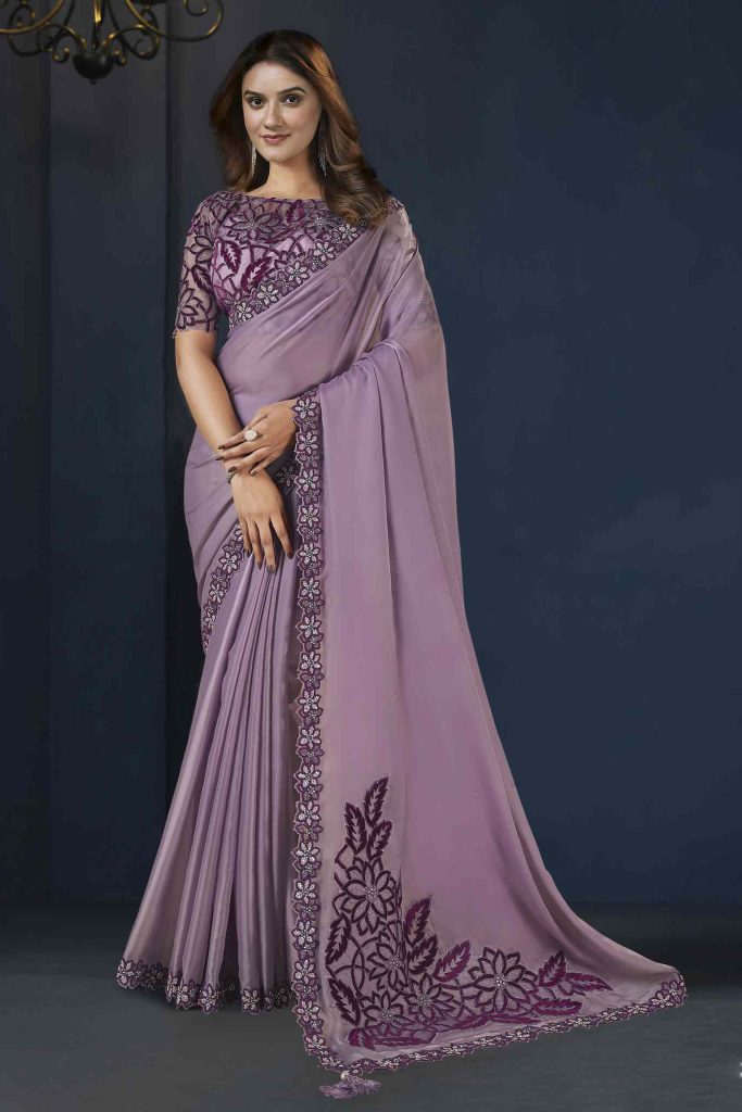 Purple Crepe Satin Silk Embroidered with Stone work Saree with Unstitched Blouse