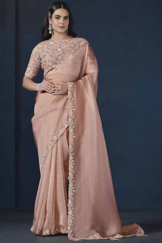 Peach Glace Tissue Sequins with Moti work Saree with Unstitched Blouse