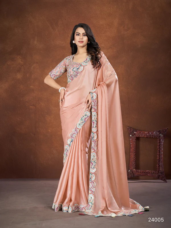 Peach Crepe Satin Silk Embroidered Saree with stitched Blouse