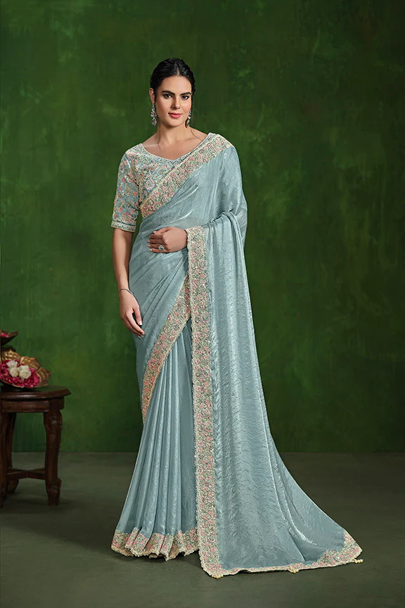 Sea Green 2 Tone Satin Silk Multi Sequence with Handwork Saree with Stitched Blouse