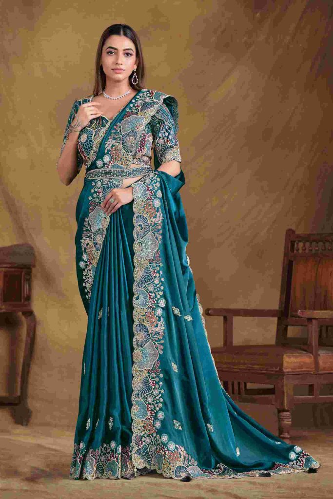 Blue Crush Satin Silk Sequins work Saree with Unstitched Blouse