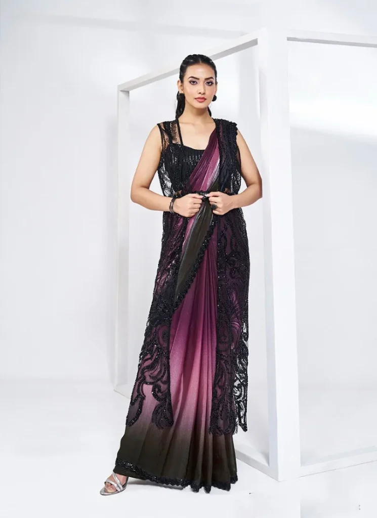 Wine & Black Two Tone Satin Silk Pure Handwork Ready to wear Saree with Stitched Blouse