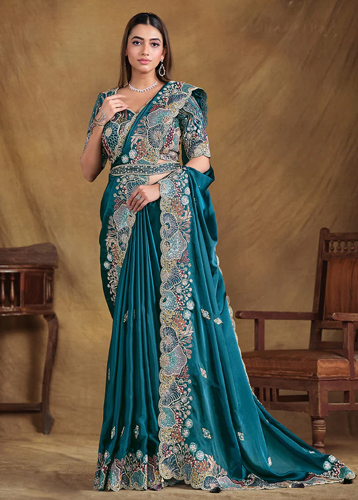 Blue Crush Satin Silk Sequins work Saree with Unstitched Blouse