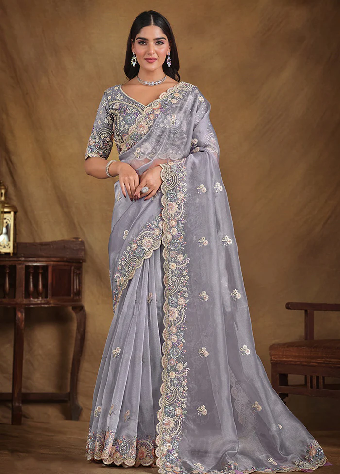 Grey Pure Organza Silk Sequins work Saree with Unstitched Blouse