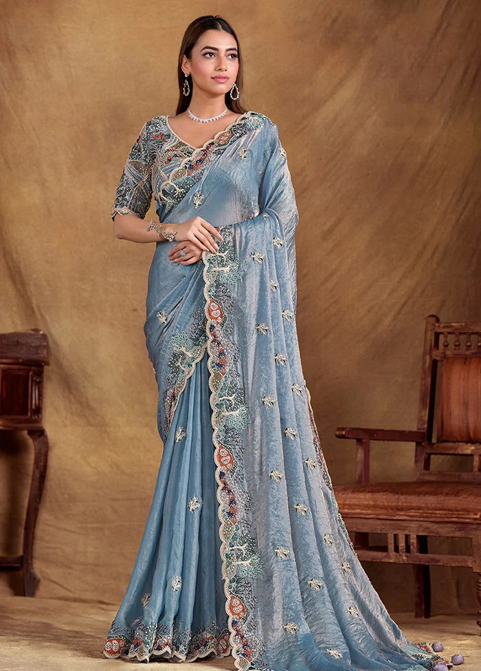 Light blue Two Tone Satin Silk Sequins work Saree with Unstitched Blouse