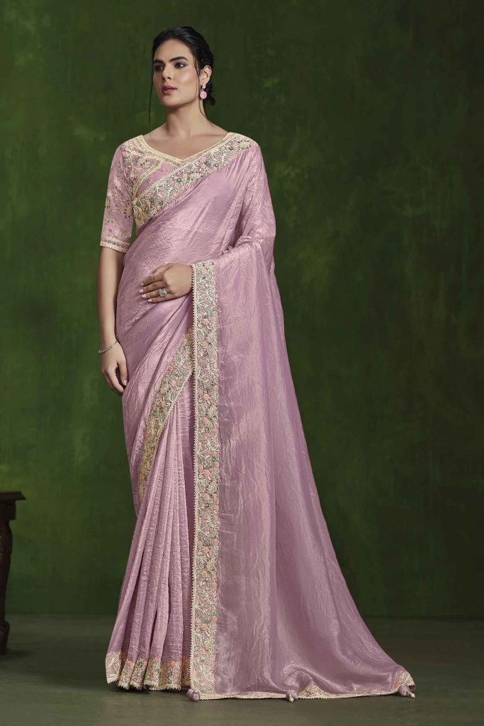 Dusty Pink Crush Paper Silk Dual Sequence with Handwork Saree with Stitched Blouse