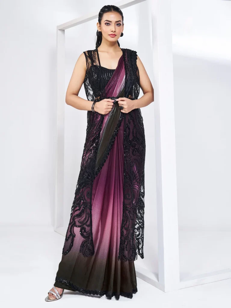 Wine & Black Two Tone Satin Silk Pure Handwork Ready to wear Saree with Stitched Blouse